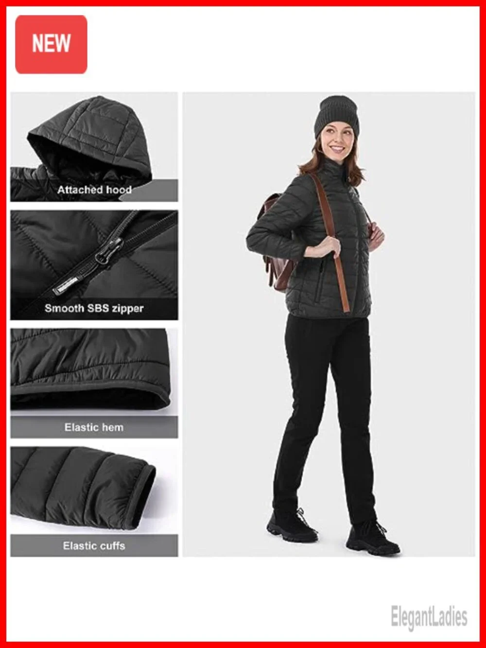 Women's Packable Lightweight Full-Zip Puffer Jacket with Hood Quilted Winter